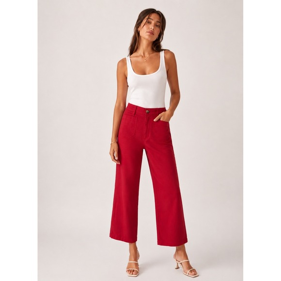 Marine Layer Pants - Marine Layer BRIDGET Red Wide‎ Leg Cropped Pants High Waisted WOMEN 4